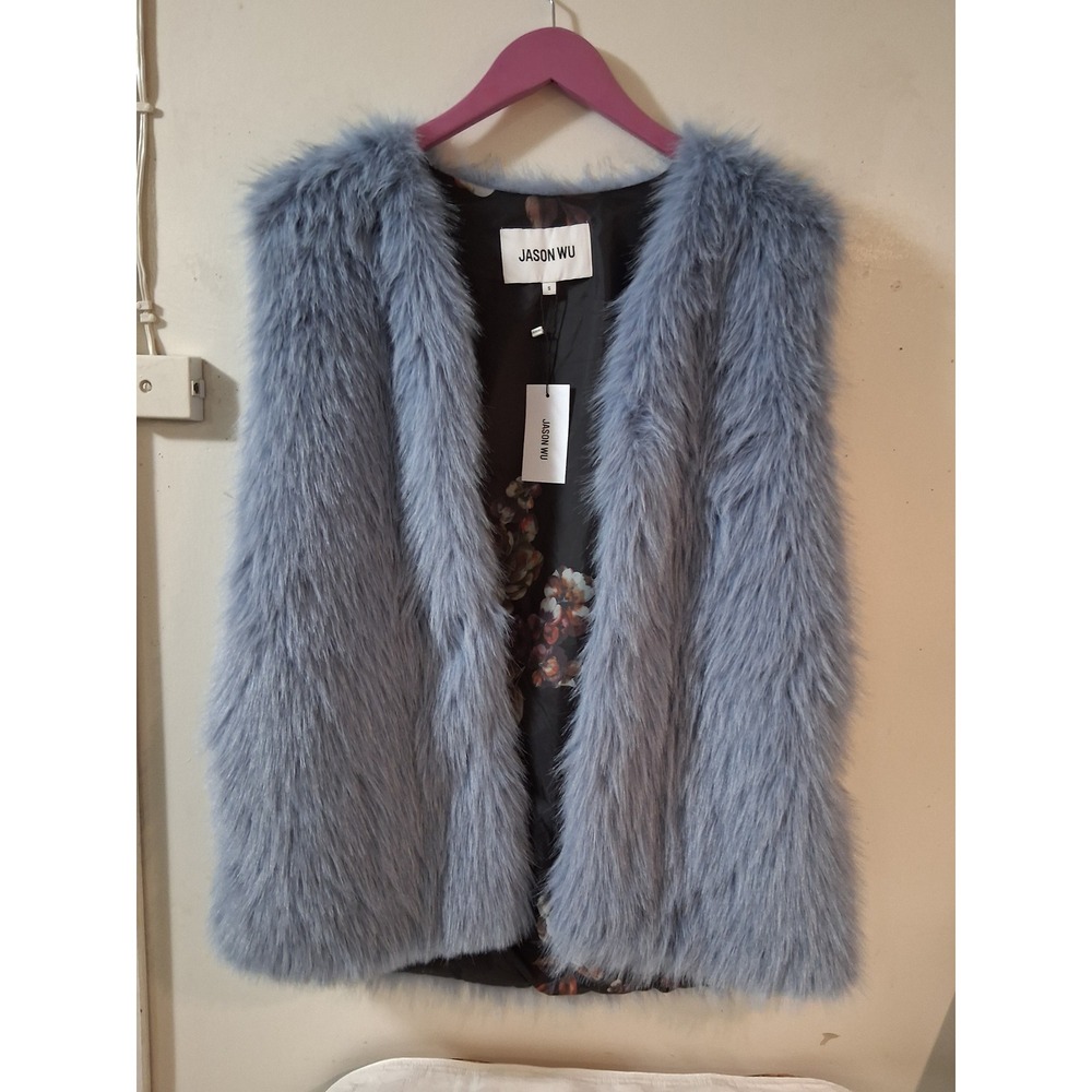 Jason Wu Womens Faux Fur Vest Slate Blue Floral Lining Open Front Small New